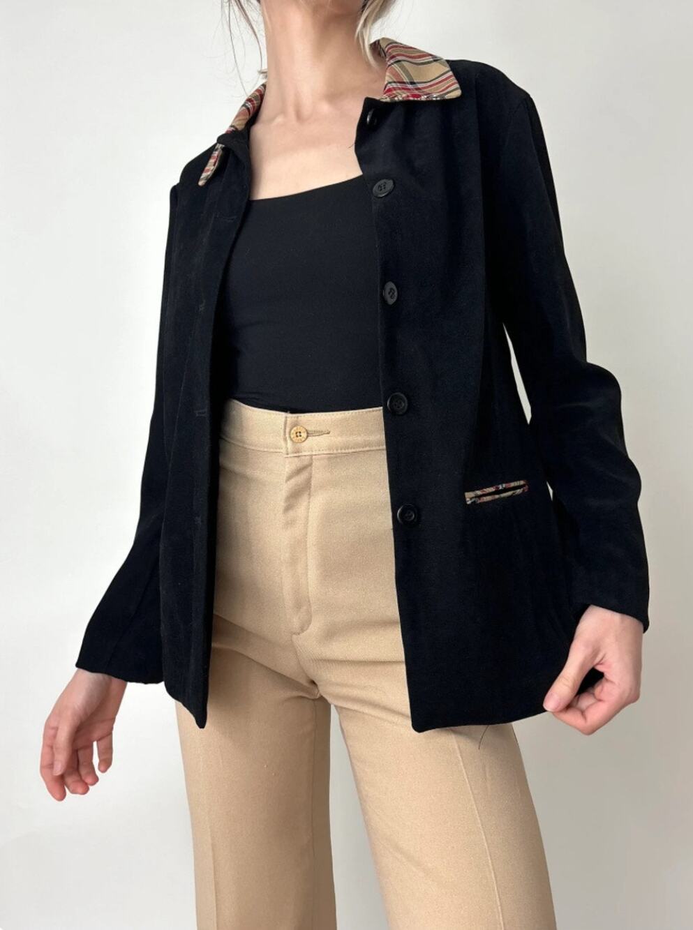 Black Vintage Plaid Collar Jacket